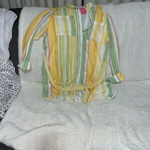 Striped Tie-Front Button-Up dress Shirt — Yellow, Green, Pink & White